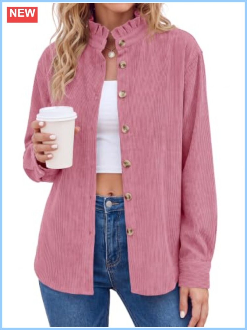 Corduroy Button Down Shirt Ruffle Collar Long Sleeve Loose Fit Blouse